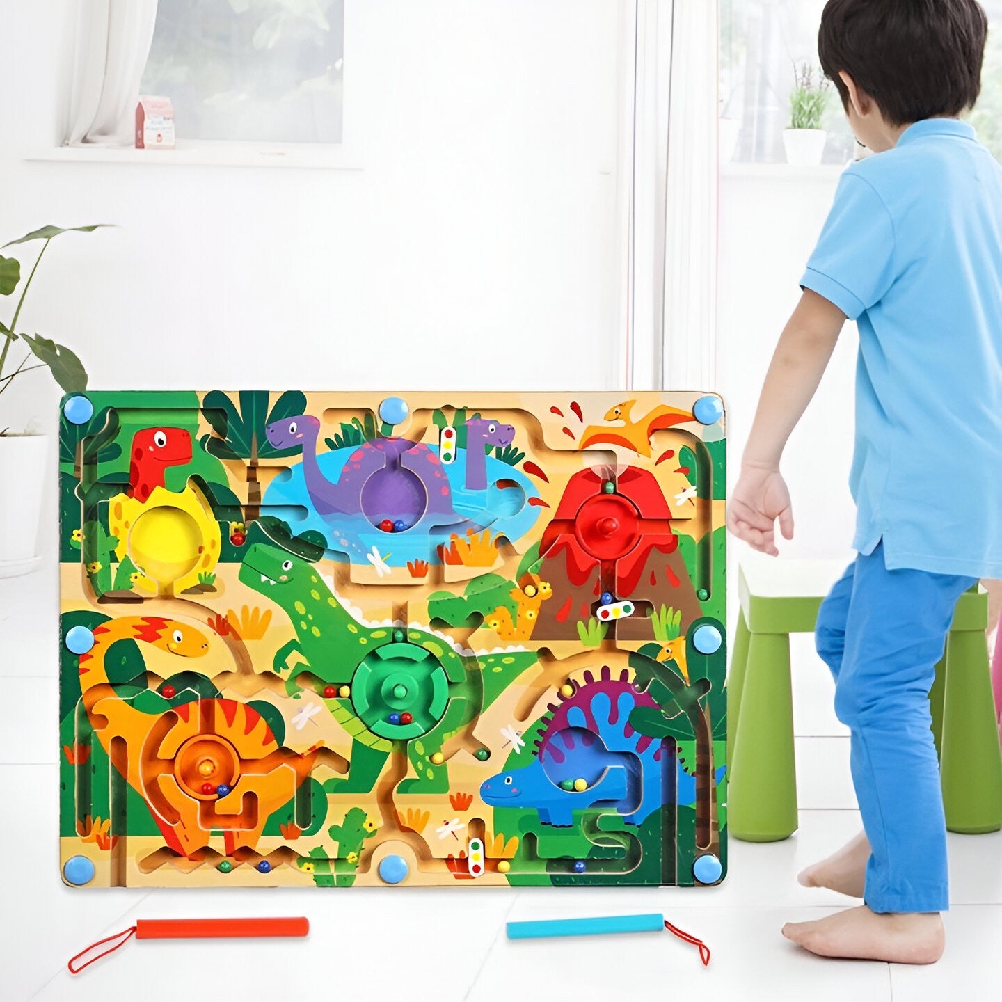 Joc Montessori de Sortare Culori, Flippy, Creion Magnetic, Tip Labirint Ilustrat, din Lemn, Model Dinozauri, 39x29x1.5 cm-4