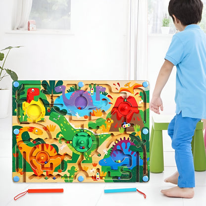 Joc Montessori de Sortare Culori, Flippy, Creion Magnetic, Tip Labirint Ilustrat, din Lemn, Model Dinozauri, 39x29x1.5 cm-4