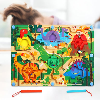 Joc Montessori de Sortare Culori, Flippy, Creion Magnetic, Tip Labirint Ilustrat, din Lemn, Model Dinozauri, 39x29x1.5 cm-5
