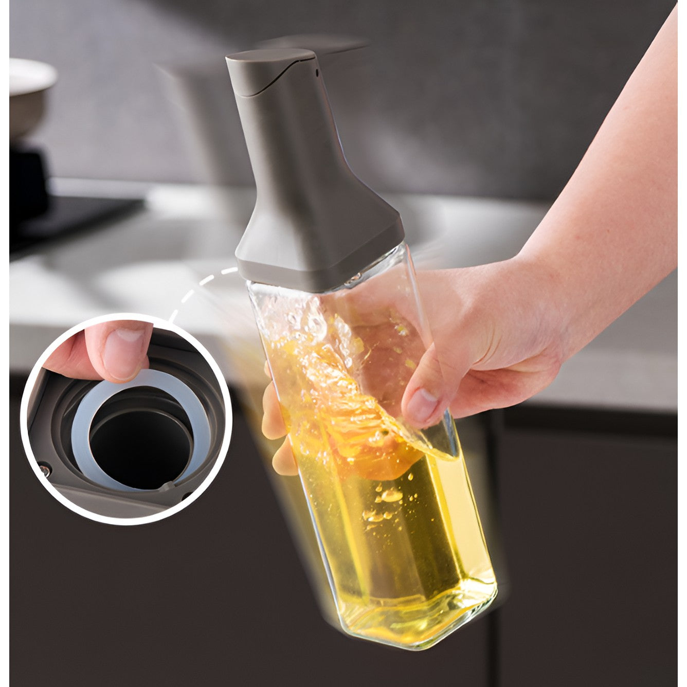Dispenser pentru Ulei, Flippy, Deschidere si Inchidere Automata a Rezervorul, cu Inductie Gravitationala, 500 ml, 29.5x6x6 cm, Gri-9