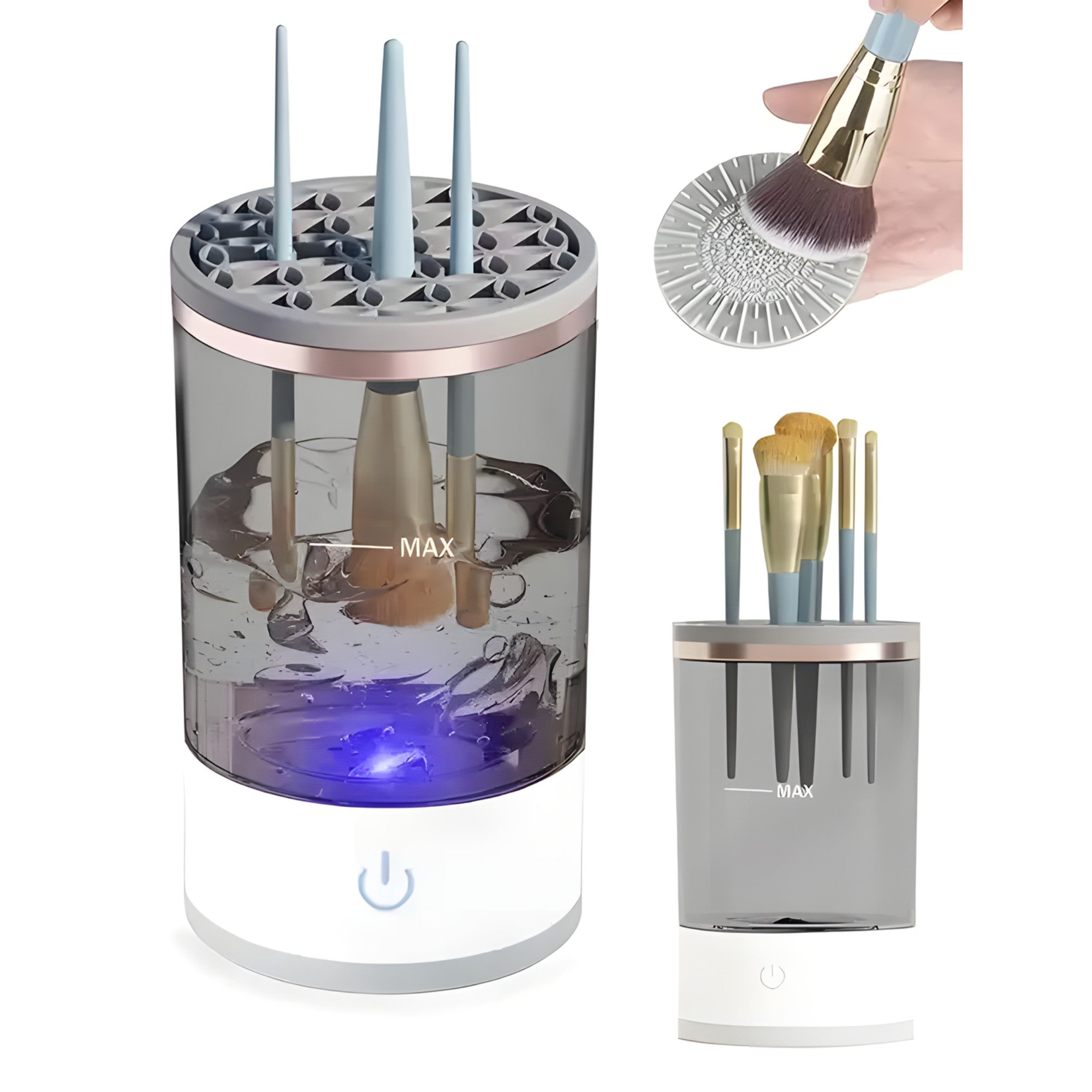 Dispozitiv Portabil de Curatare a Pensulelor de Machiaj, Flippy, Potrivit pentru Pensule de Diferite Dimensiuni, 5V, 7000RPM, Vibratii Sonice, USB, Alb/Transparent, 9x9x16 cm-2