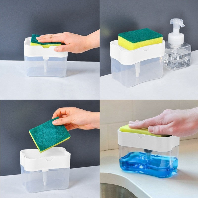 Dozator Flippy, Dispenser 2 in 1 pentru Detergent Lichid de Vase sau pentru Obiecte Sanitare cu Suport pentru Burete de Bucatarie ,14 x 10.5 x 10 cm, capacitate 380 ml, alb-1