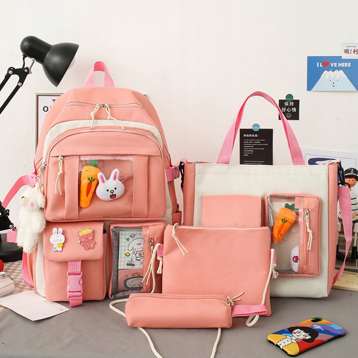 Set 4-in-1 pentru Scolari sau Prescolari - (rucsac, geanta de umar, plic elegant, penar), culoare ROZ cu IEPURAS, Cod AVX-WT-BUNN-PINK-1