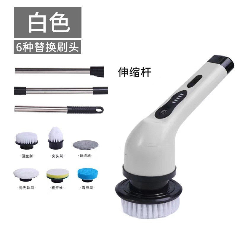 Perie Electrica de Curatare cu Maner, Flippy, Perie pentru Gresie, Baie, Bucatarie, cu 6 Capete, Maner Extensibil Detasabil, Culoare: Alb-0