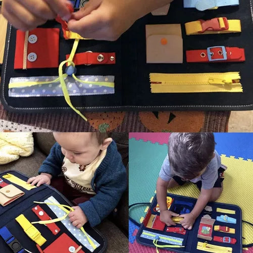 Jucarie Montessori senzorială cu 14 elemenete, tip geanta cu activități educative pentru dezvoltarea abilităților motorii fine la copii mici.