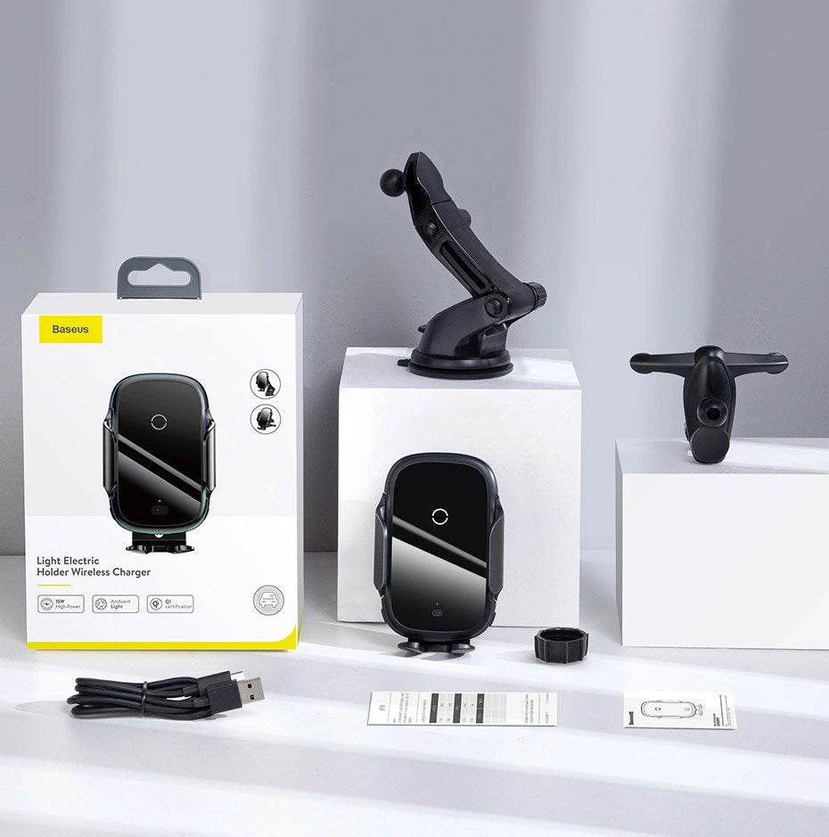 Suport auto electric Baseus cu încărcare wireless Qi 15W – Negru