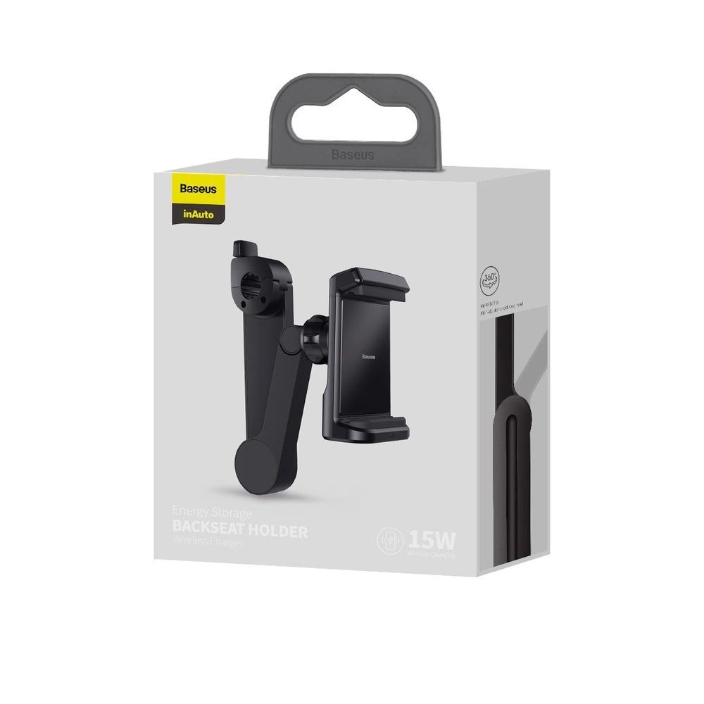 Suport telefon auto Baseus pentru tetieră cu încărcare wireless 15W – Negru