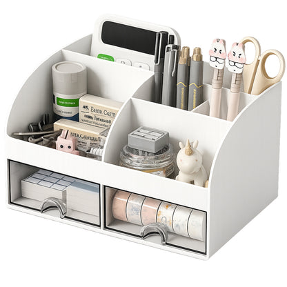 Organizator Multifuncțional pentru Birou și Cosmetice, 2 Sertare Transparente + 6 Compartimente, 21 × 14 × 12 cm, Alb