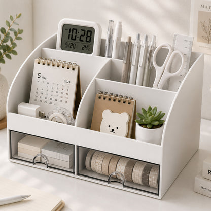 Organizator Multifuncțional pentru Birou și Cosmetice, 2 Sertare Transparente + 6 Compartimente, 21 × 14 × 12 cm, Alb