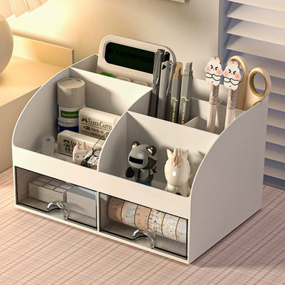 Organizator Multifuncțional pentru Birou și Cosmetice, 2 Sertare Transparente + 6 Compartimente, 21 × 14 × 12 cm, Alb