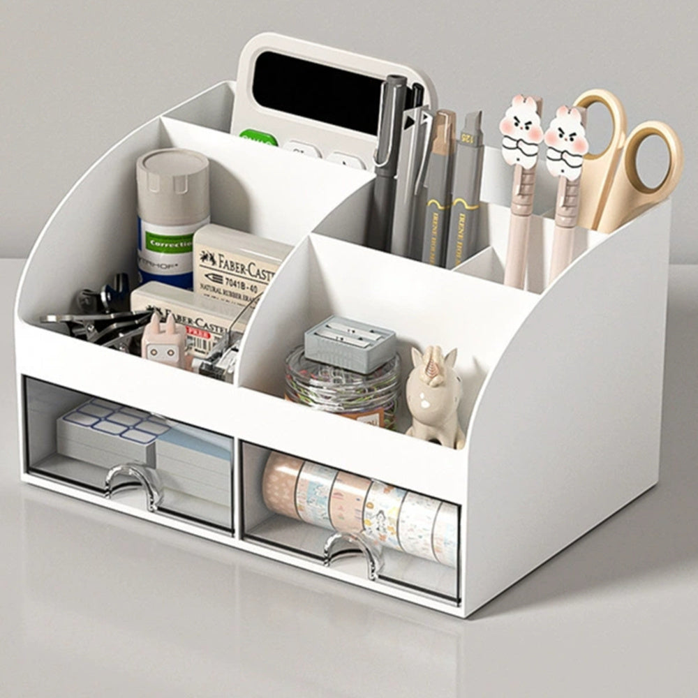 Organizator Multifuncțional pentru Birou și Cosmetice, 2 Sertare Transparente + 6 Compartimente, 21 × 14 × 12 cm, Alb