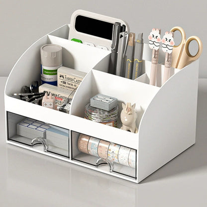 Organizator Multifuncțional pentru Birou și Cosmetice, 2 Sertare Transparente + 6 Compartimente, 21 × 14 × 12 cm, Alb