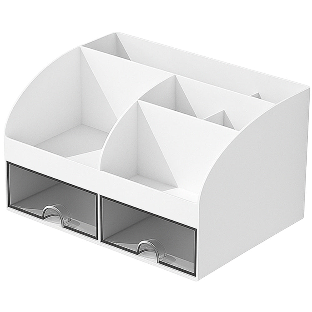 Organizator Multifuncțional pentru Birou și Cosmetice, 2 Sertare Transparente + 6 Compartimente, 21 × 14 × 12 cm, Alb