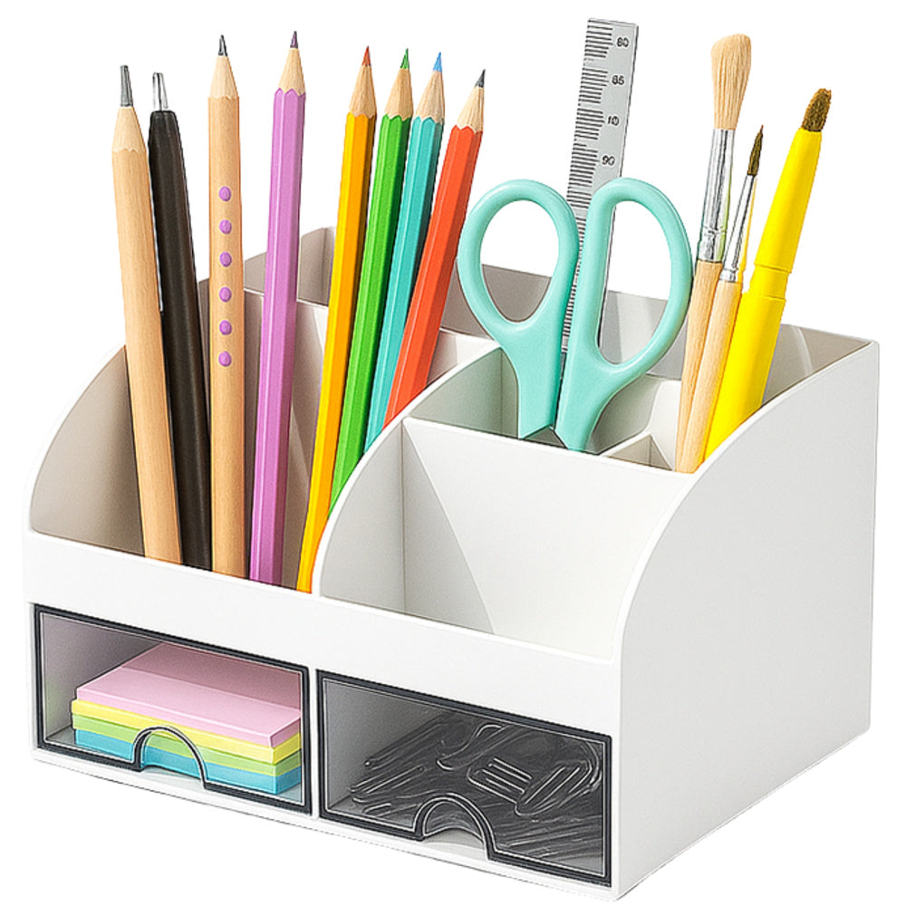 Organizator Multifuncțional pentru Birou și Cosmetice, 2 Sertare Transparente + 6 Compartimente, 21 × 14 × 12 cm, Alb
