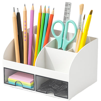Organizator Multifuncțional pentru Birou și Cosmetice, 2 Sertare Transparente + 6 Compartimente, 21 × 14 × 12 cm, Alb