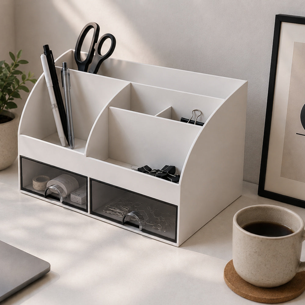 Organizator Multifuncțional pentru Birou și Cosmetice, 2 Sertare Transparente + 6 Compartimente, 21 × 14 × 12 cm, Alb