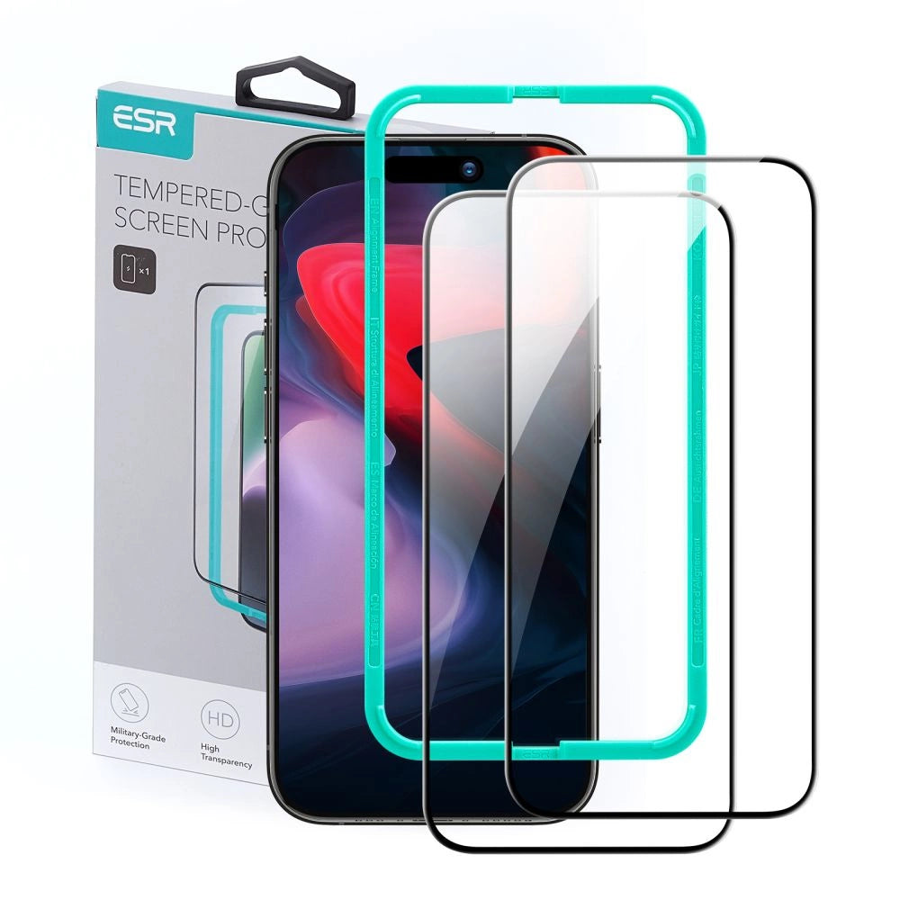 Set 2 folii din sticlă securizată ESR pentru iPhone 15 Pro Max – Negru
