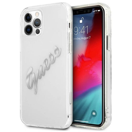 Husă Guess Vintage Script pentru iPhone 12 Pro Max (6.7”) – Transparent / Argintiu