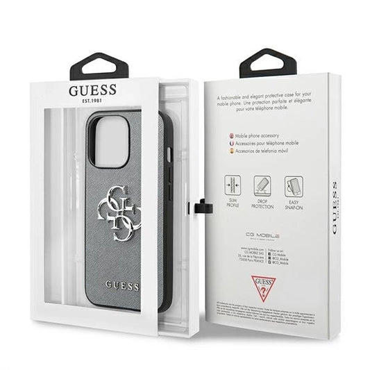 Husă Guess Saffiano 4G cu logo metalic pentru iPhone 13 Mini (5.4”) – Gri