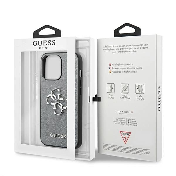 Husă Guess Saffiano 4G cu logo metalic pentru iPhone 13 Mini (5.4”) – Gri