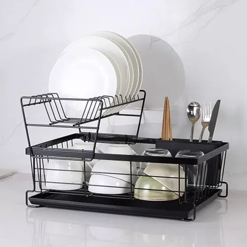 Uscător de vase pe două niveluri,din otel inoxidabil,cu tava de scurgere,culoare negru,design modern