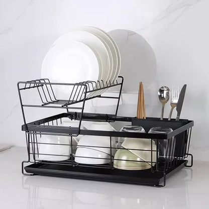 Uscător de vase pe două niveluri,din otel inoxidabil,cu tava de scurgere,culoare negru,design modern