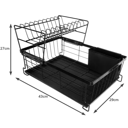 Uscător de vase pe două niveluri,din otel inoxidabil,cu tava de scurgere,culoare negru,design modern