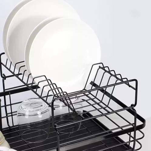 Uscător de vase pe două niveluri,din otel inoxidabil,cu tava de scurgere,culoare negru,design modern