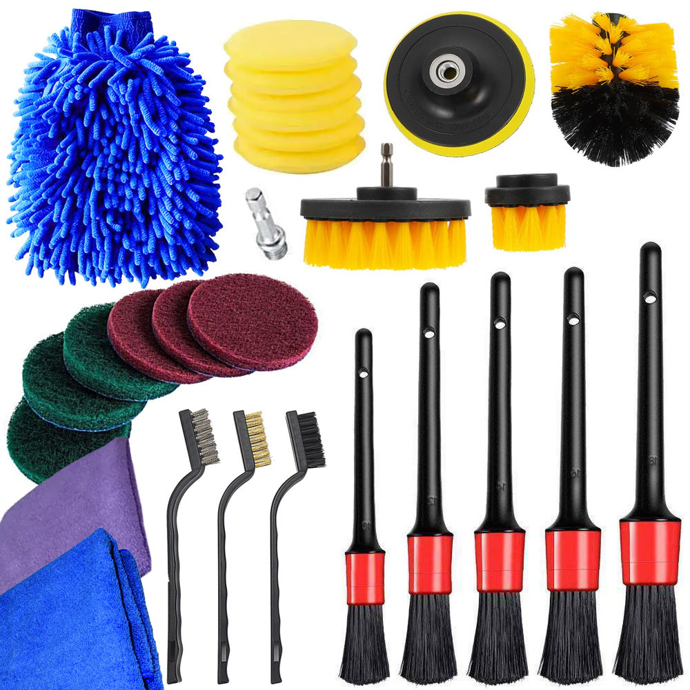 Set Premium 26 Piese Detailing Auto, curatare masina Interior-exterior, 5 pensule detaliu, burete aplicator, laveta microfibra, perii aer conditionat, perii de zimtate, manusa microfibra fata-verso