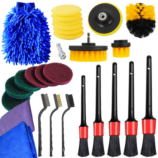 Set Premium 26 Piese Detailing Auto, curatare masina Interior-exterior, 5 pensule detaliu, burete aplicator, laveta microfibra, perii aer conditionat, perii de zimtate, manusa microfibra fata-verso