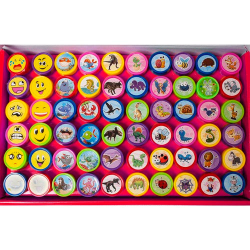 Set 60 stampile pentru copii, non toxice, modele cu animale si fete zambitoare, multicolor