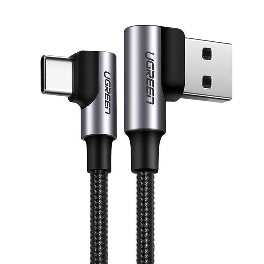 Cablu USB-A la USB-C UGREEN US176, 2 m, QC 3.0, 3A – Gri, cu mufă în unghi