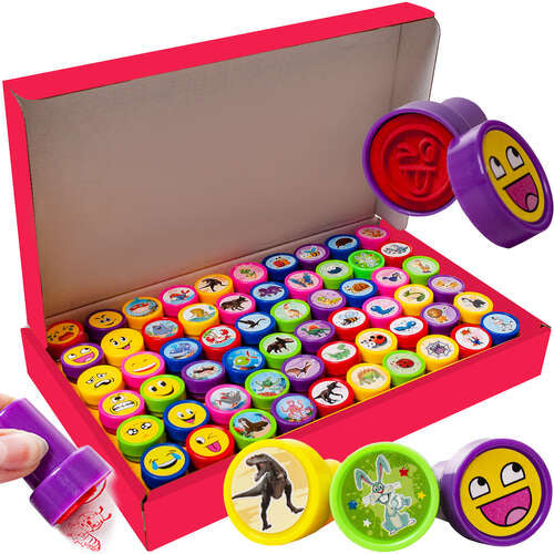 Set 60 stampile pentru copii, non toxice, modele cu animale si fete zambitoare, multicolor