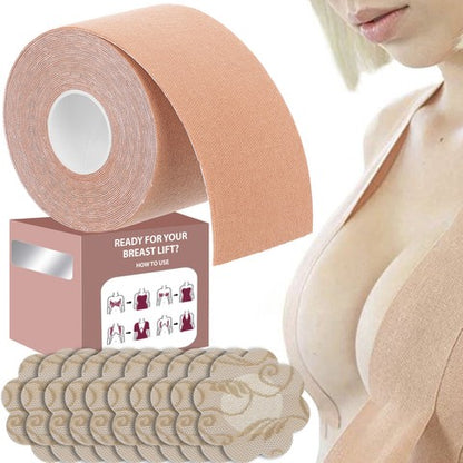 Banda adezivă confortabilă pentru sân pe decolteu,culoare bej,5 metri lungime,include 10 buc plasturi pentru mamelon