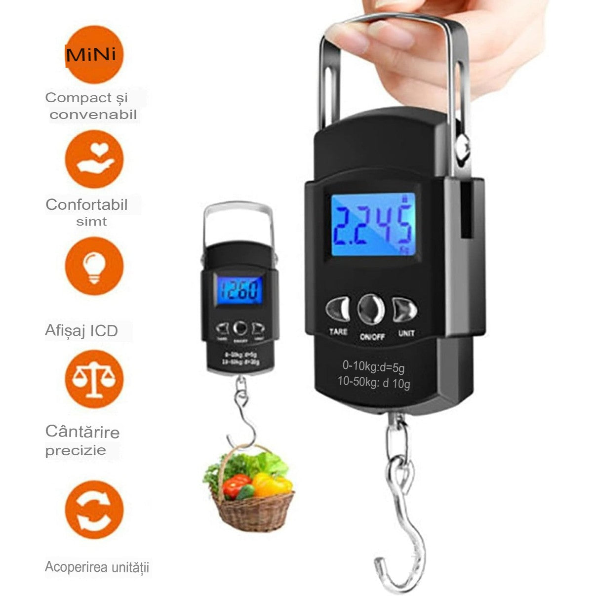 Cantar Digital de Mana cu Carlig, Flippy, Cantar Portabil, Pescuit, cu Maner, Capacitate 50 kg, cu Metru Incorporat, 20.5 x 6 x 2.5 cm, Negru-1