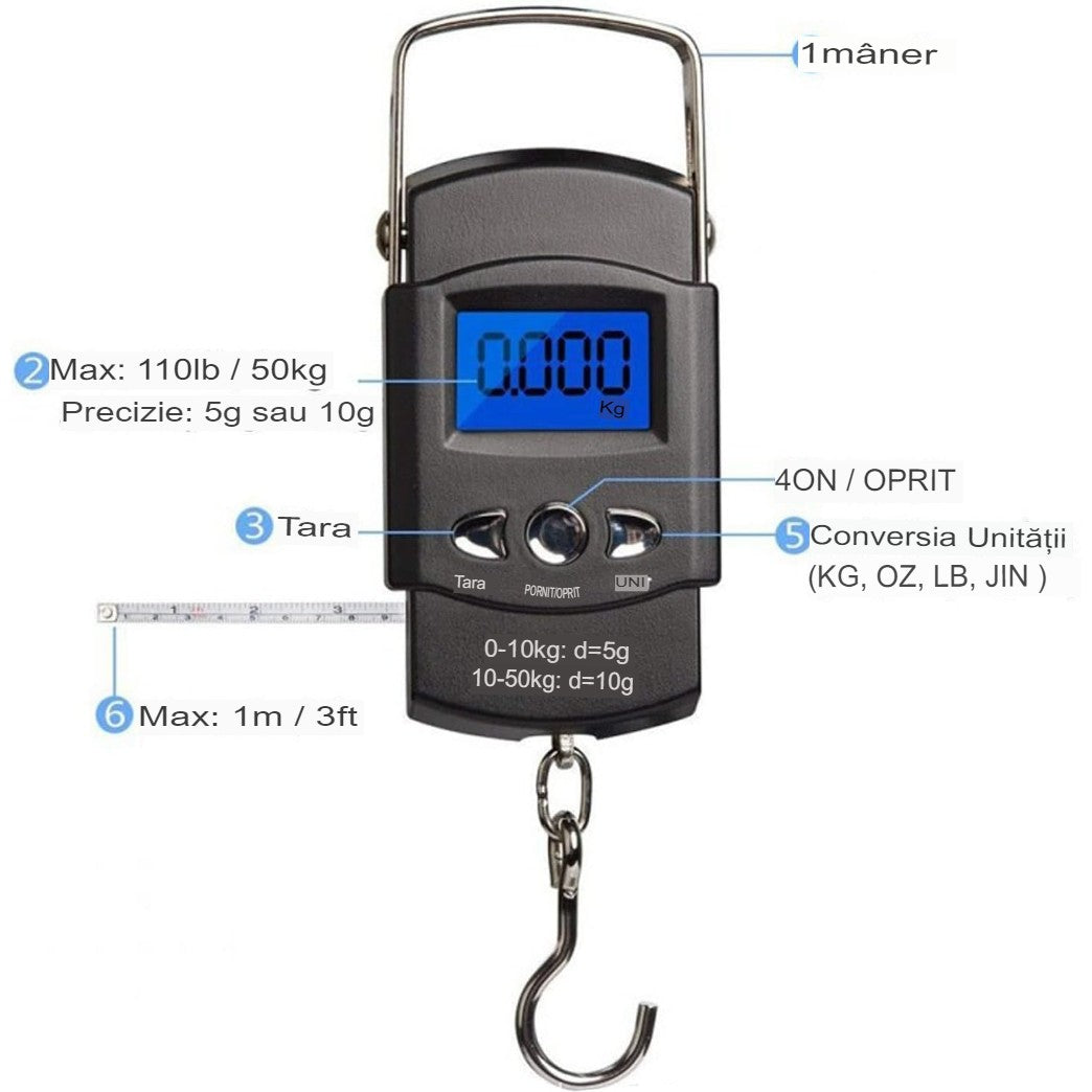 Cantar Digital de Mana cu Carlig, Flippy, Cantar Portabil, Pescuit, cu Maner, Capacitate 50 kg, cu Metru Incorporat, 20.5 x 6 x 2.5 cm, Negru-2