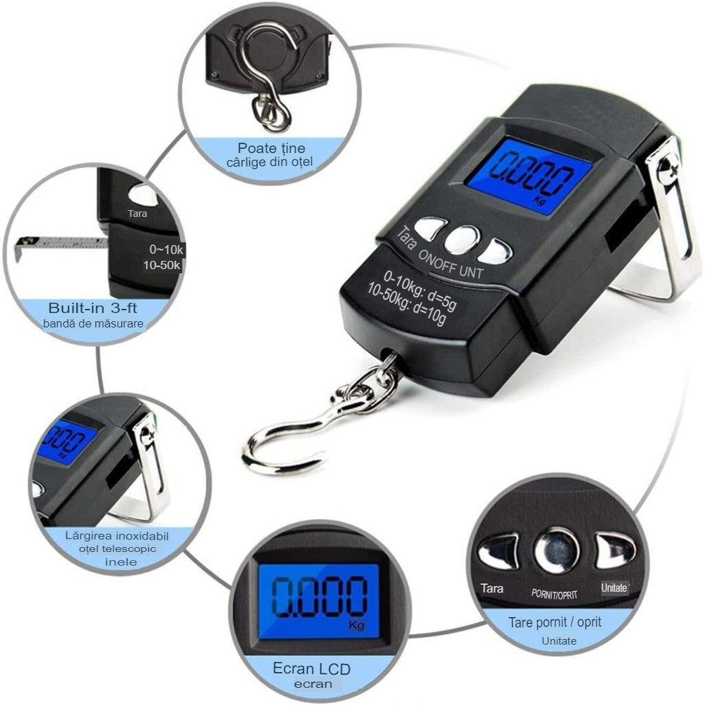 Cantar Digital de Mana cu Carlig, Flippy, Cantar Portabil, Pescuit, cu Maner, Capacitate 50 kg, cu Metru Incorporat, 20.5 x 6 x 2.5 cm, Negru-5