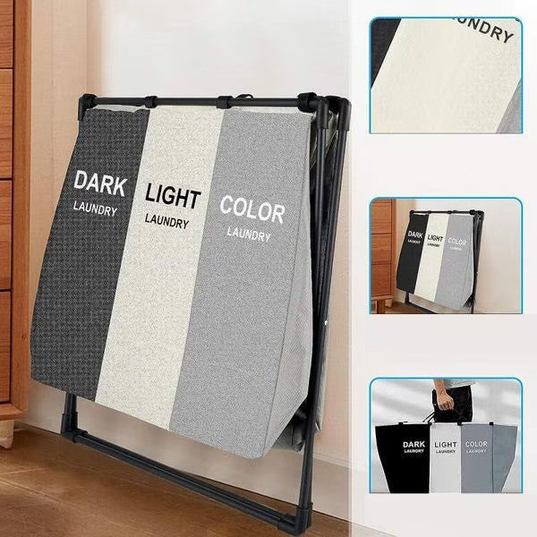 Coș de rufe murdare cu 3 compartimente, pliabil, pentru sortare și organizare haine, material textil, cadru aluminiu, dimensiuni 62 x 34 x 56 cm