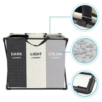Coș de rufe murdare cu 3 compartimente, pliabil, pentru sortare și organizare haine, material textil, cadru aluminiu, dimensiuni 62 x 34 x 56 cm