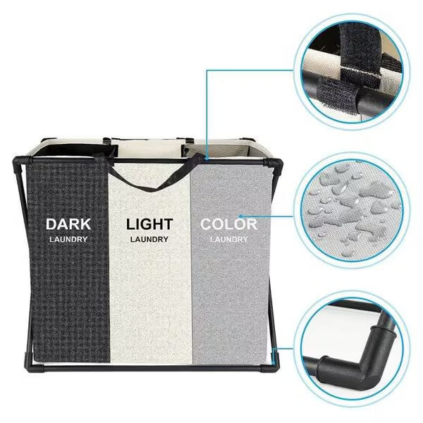Coș de rufe murdare cu 3 compartimente, pliabil, pentru sortare și organizare haine, material textil, cadru aluminiu, dimensiuni 62 x 34 x 56 cm