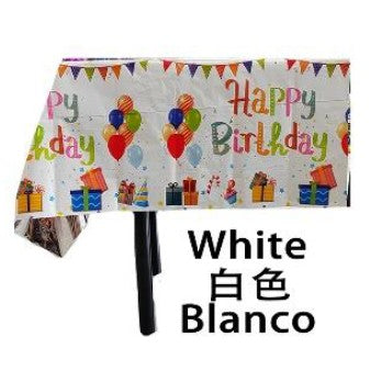 Fata de masa din folie, cu Happy birthday, alba+137*274cm-0