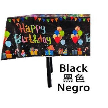 Fata de masa din folie, cu Happy birthday, negru+137*274cm-0
