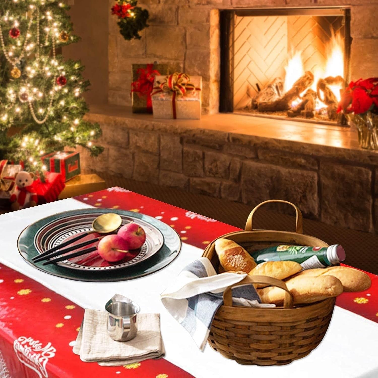 Fata de masa dreptunghiulara Flippy, PVC, 2.5 mm grosime, imprimeu Merry Christmas, potrivit pentru Craciun, utilizare multipla, 180 x 108 cm, alb-1