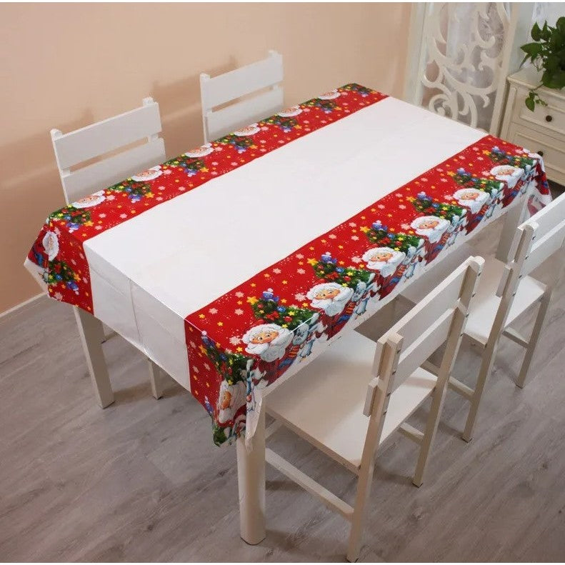 Fata de masa dreptunghiulara Flippy, PVC, 2.5 mm grosime, imprimeu Mos Craciun cu iepuras, potrivit pentru Craciun, utilizare multipla, 180 x 108 cm, alb-0