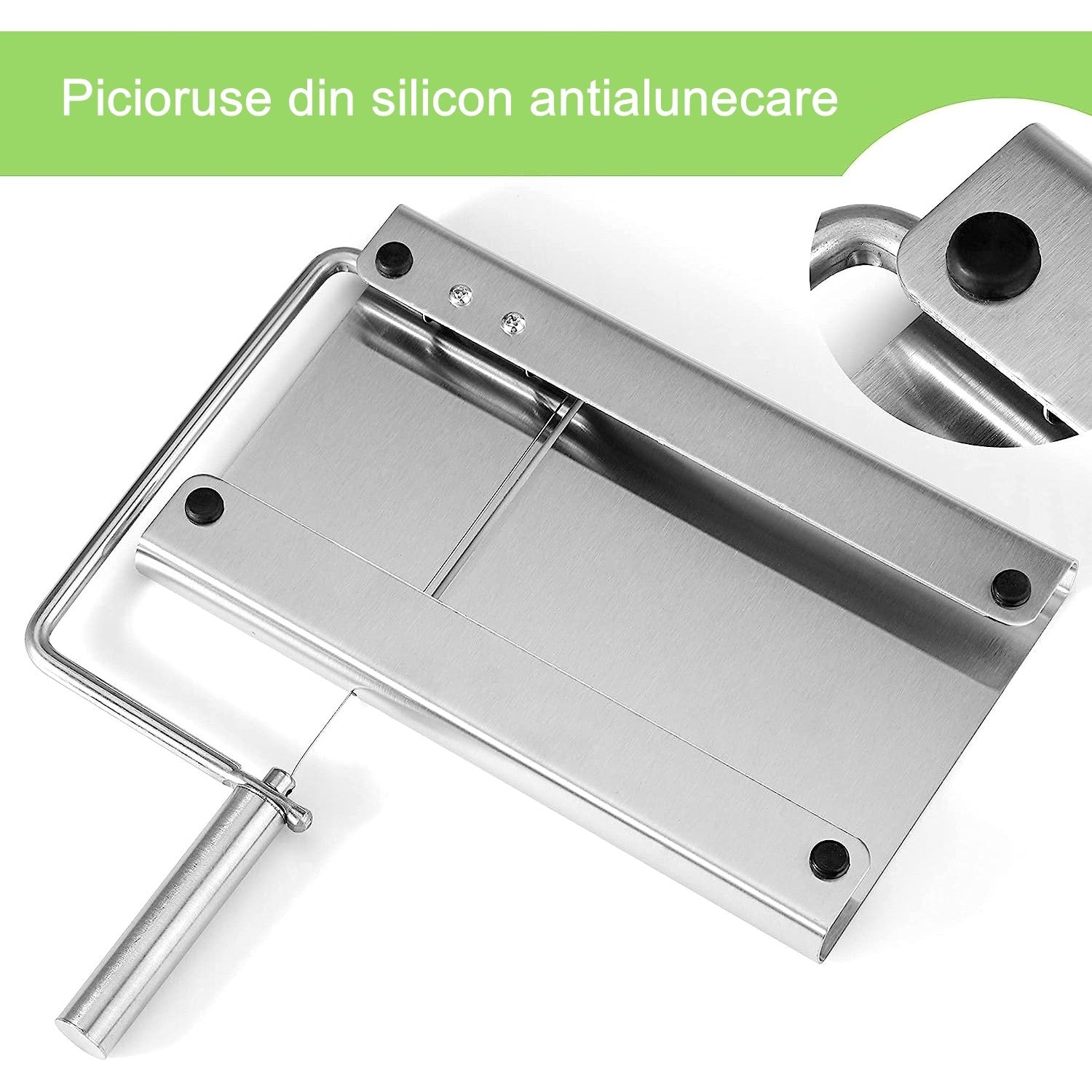 Feliator manual Flippy, pentru cascaval, salam, prajituri, unt, din otel inoxidabil, usor de curatat si utilizat, 5 lame de schimb incluse, picioare antiderapante, 21 x 12.2 x 2.8 cm, argintiu-2