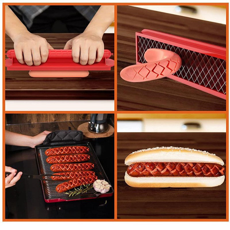 Feliator manual pentru hot-dog Flippy, crestare carnati si hot-dog, manual, potrivit pentru gratar, 29.5 x 6.5 cm, din inox si ABS, rosu-2