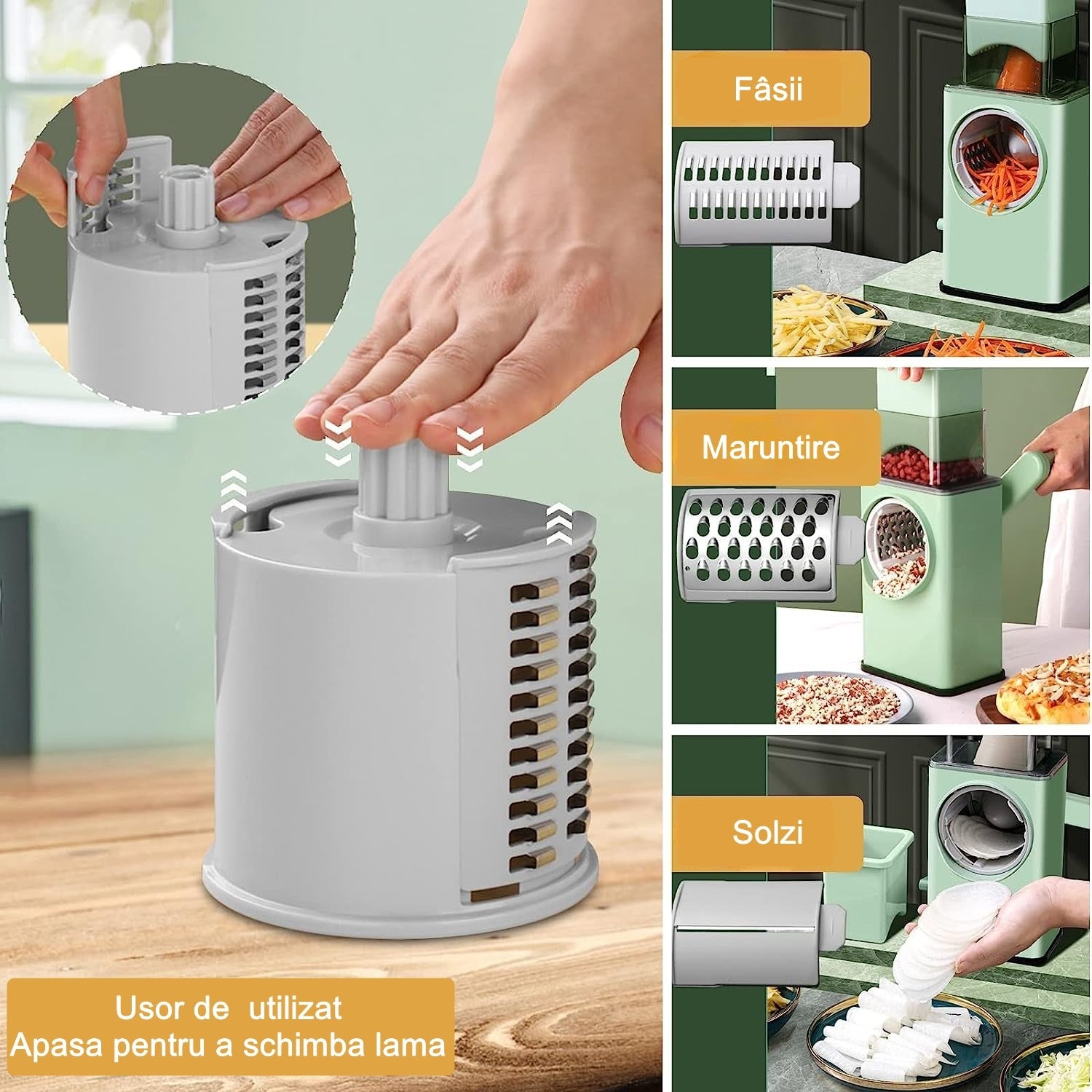 Feliator manual pentru legume Flippy, 3 lame din otel inxodabil, 3 tipuri de feliere, material carcasa ABS, latime maxima feliere 4 mm, baza de tip ventuza, usor si sigur de utilizat, 28.5 x 9,2 x 13.5 cm, verde-2