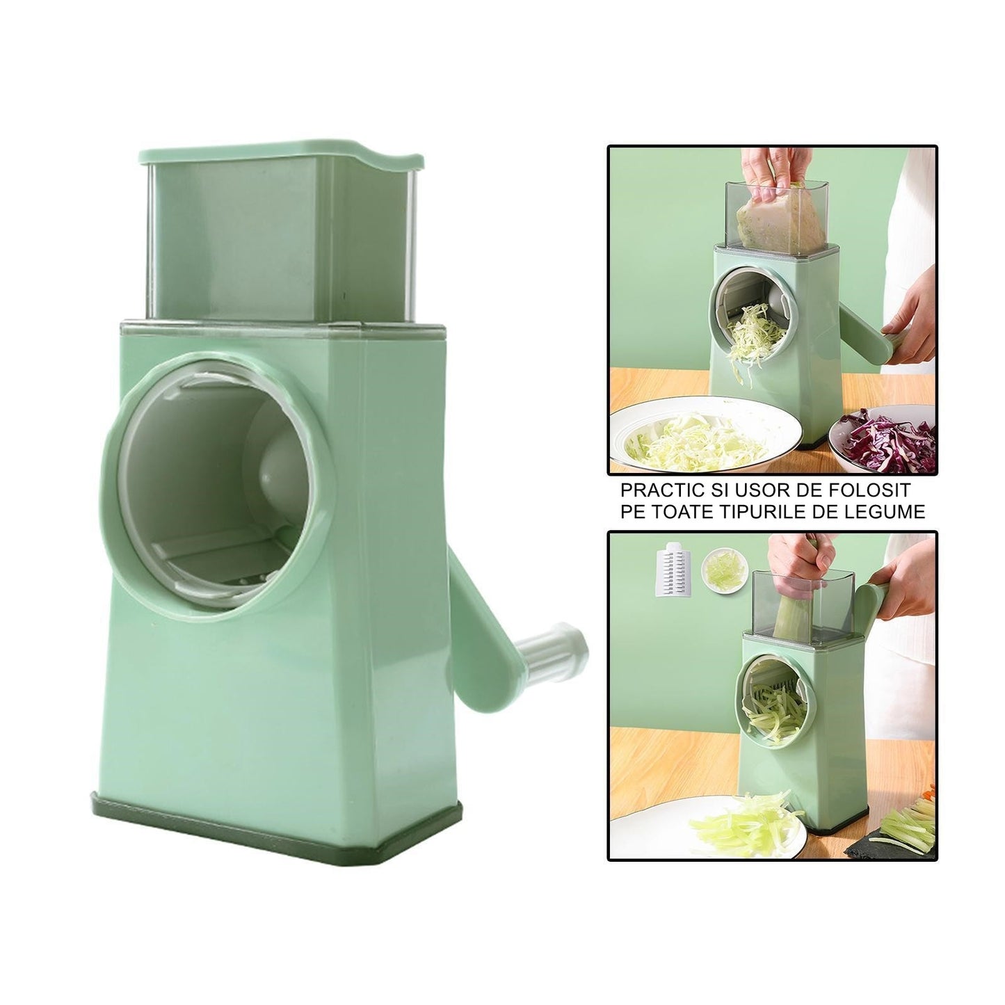 Feliator manual pentru legume Flippy, 3 lame din otel inxodabil, 3 tipuri de feliere, material carcasa ABS, latime maxima feliere 4 mm, baza de tip ventuza, usor si sigur de utilizat, 28.5 x 9,2 x 13.5 cm, verde-6