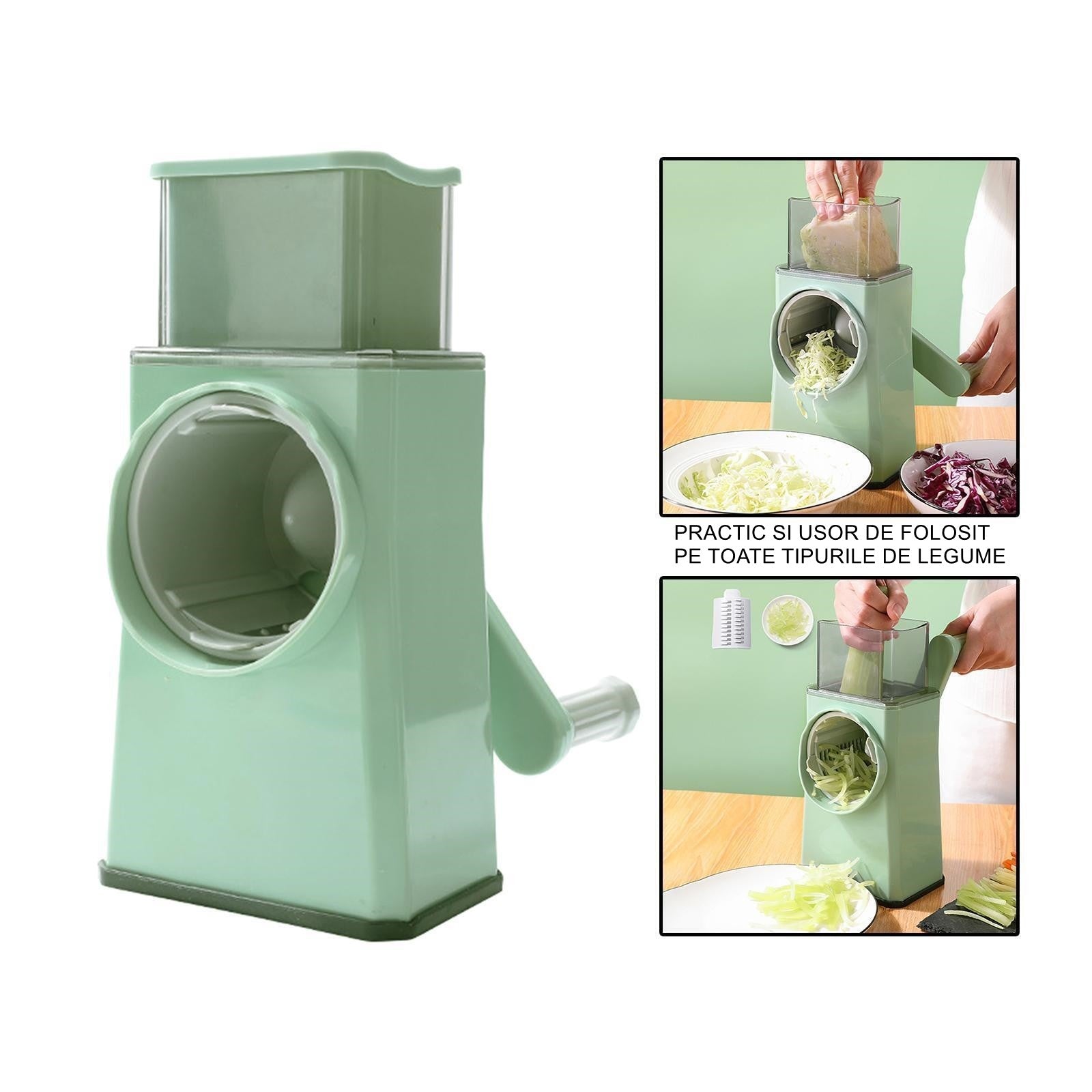 Feliator manual pentru legume Flippy, 3 lame din otel inxodabil, 3 tipuri de feliere, material carcasa ABS, latime maxima feliere 4 mm, baza de tip ventuza, usor si sigur de utilizat, 28.5 x 9,2 x 13.5 cm, verde-6