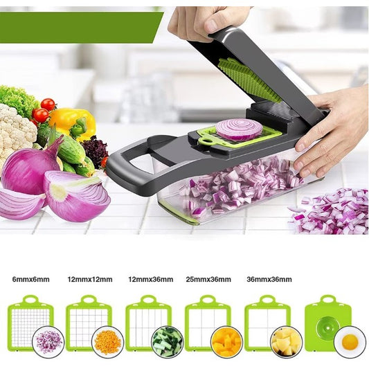 Feliator Multifunctional, Flippy, Razatoare, 8 in 1, pentru Fructe si Legume, 10 Piese, Lame de Inox, Recipient Stocare, Separator Oua, Protectie Mana, ABS, 32.2x11.3 cm, Verde/Gri-1